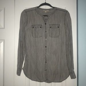 Loft Small Linen Blend Gray Long Sleeve Blouse